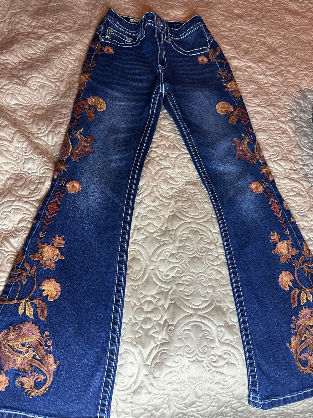 Western Blue 5/30 Women's Dark Blue Flare Jeans with Floral Embroidery